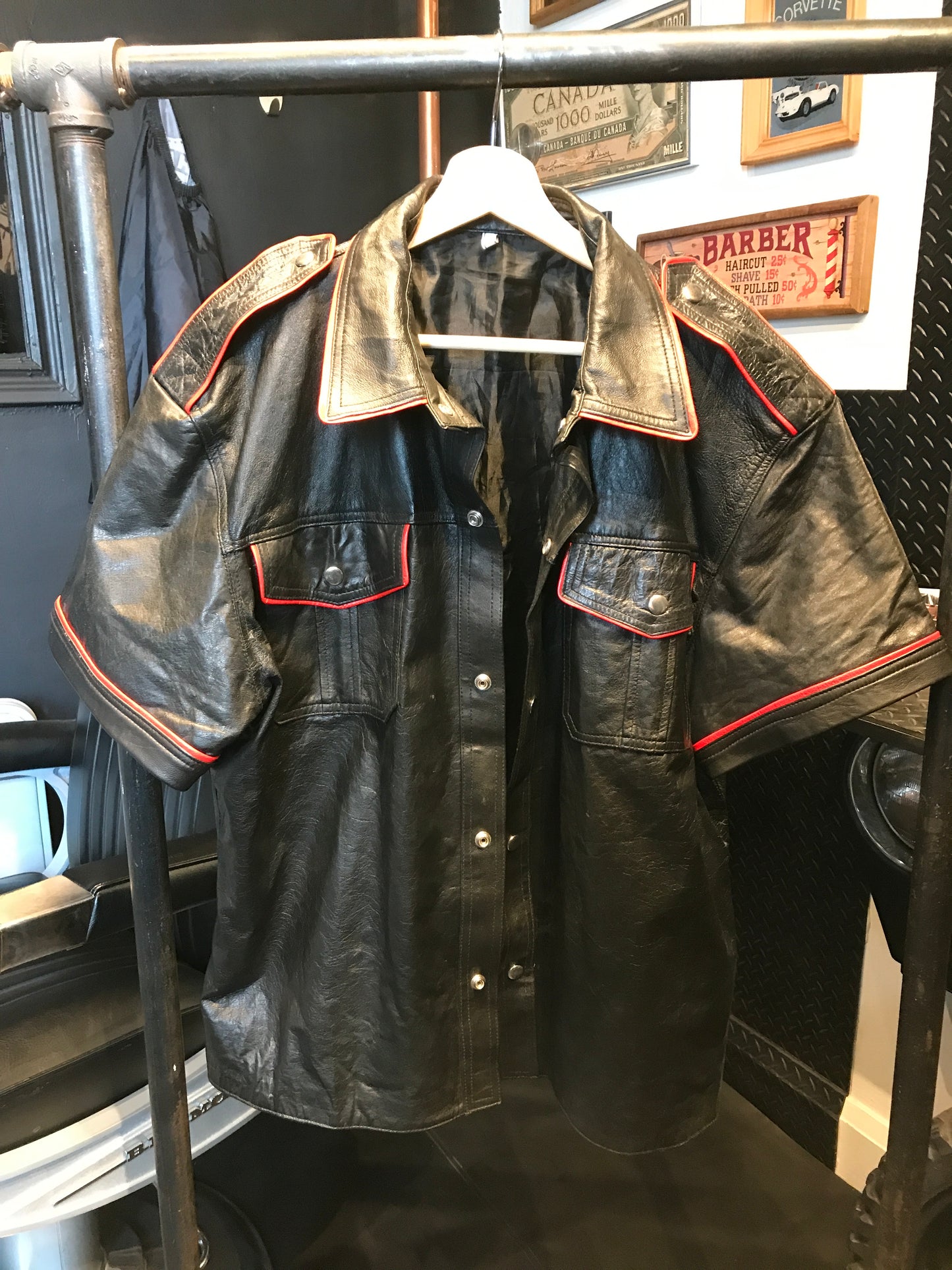Men’s leather shirt with red piping, size XL