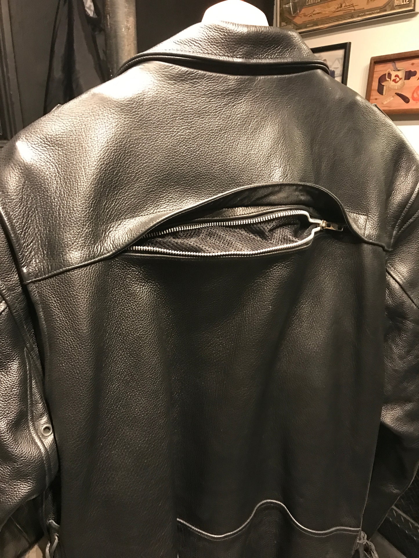 Leather biker jacket with zip-out liner, size XXL.