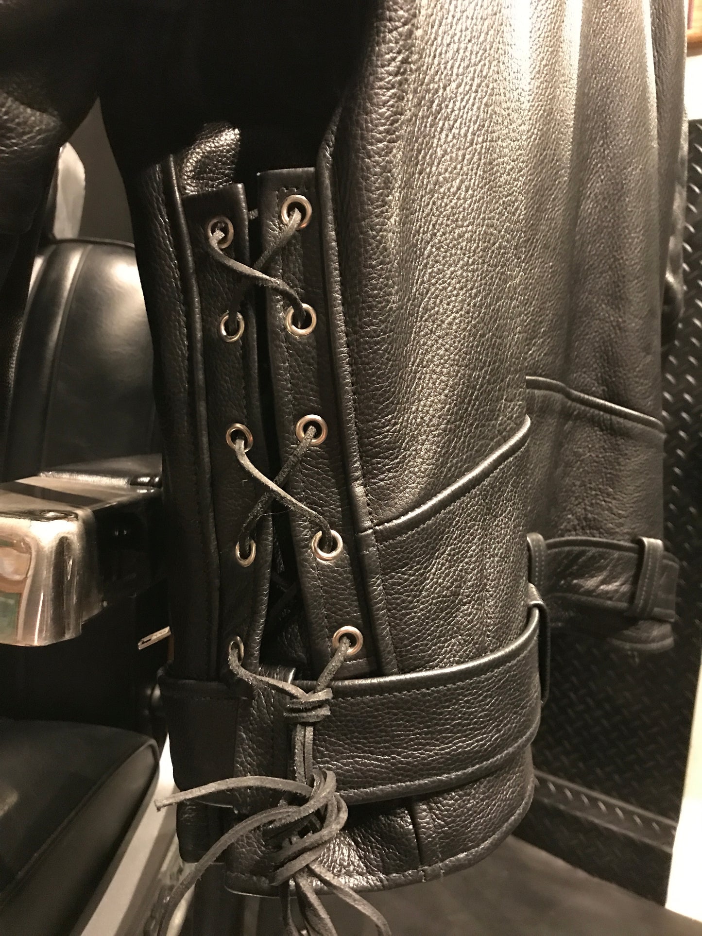 Leather biker jacket with zip-out liner, size XXL.