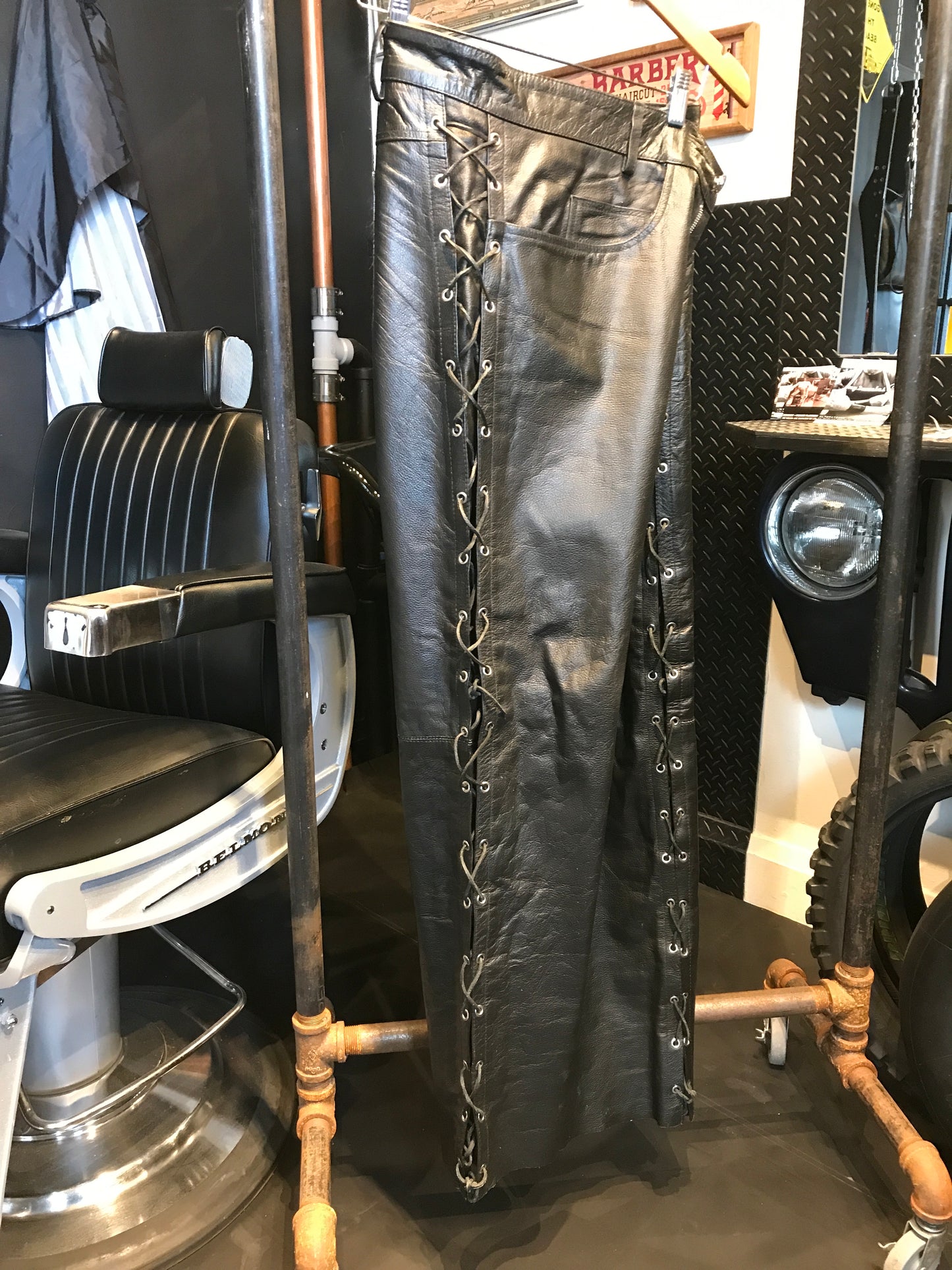 ARD CHAMPS men’s leather 5-pocket pants with lace sides, size 44
