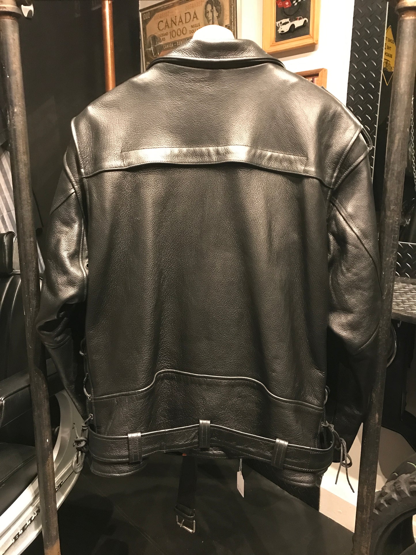 Leather biker jacket with zip-out liner, size XXL.