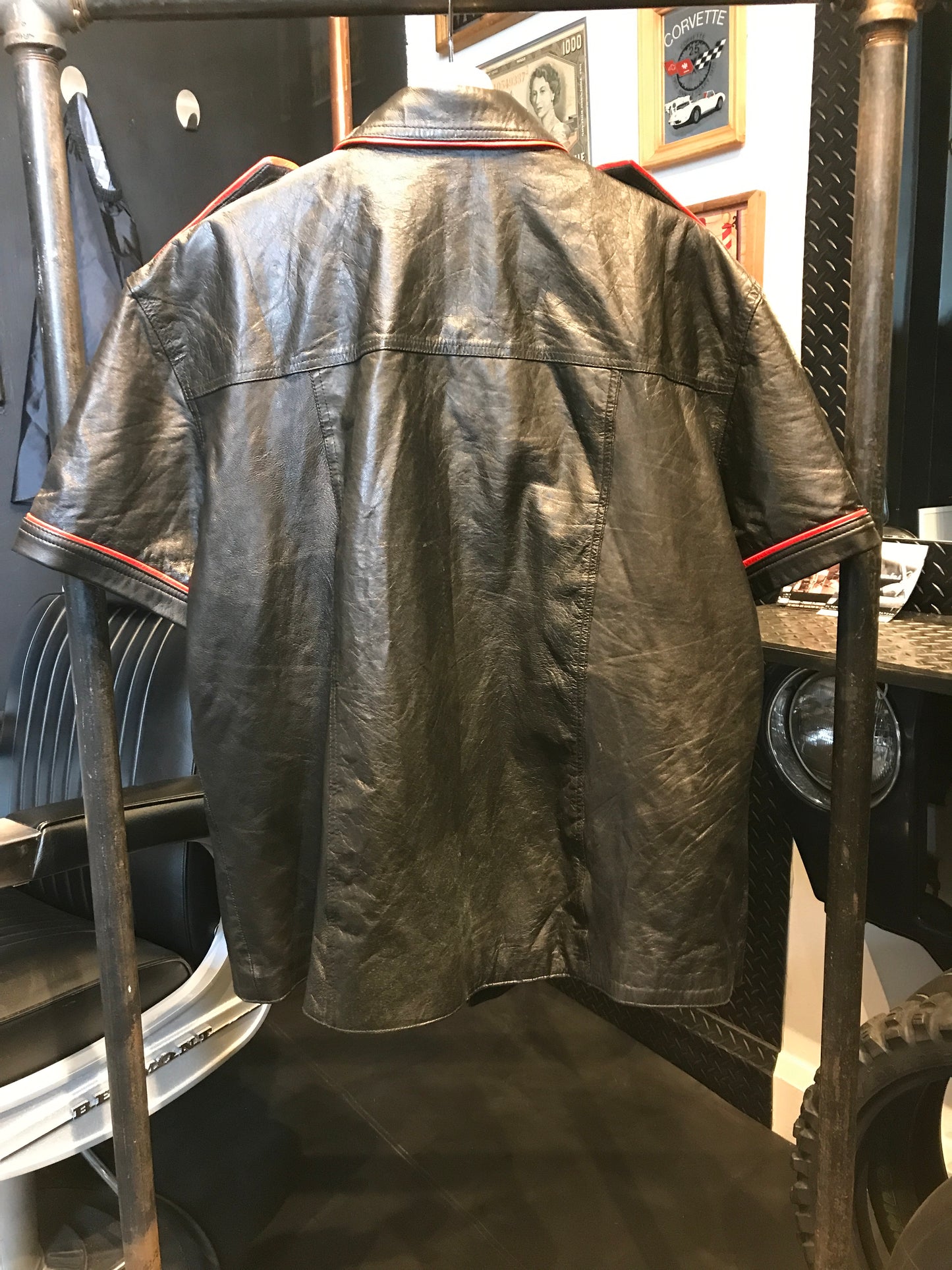 Men’s leather shirt with red piping, size XL