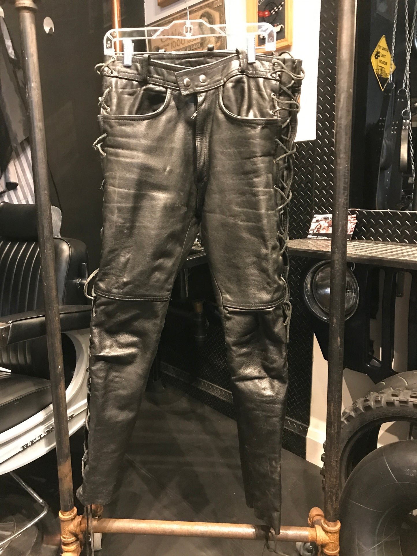 Leather pants with lace up side seams